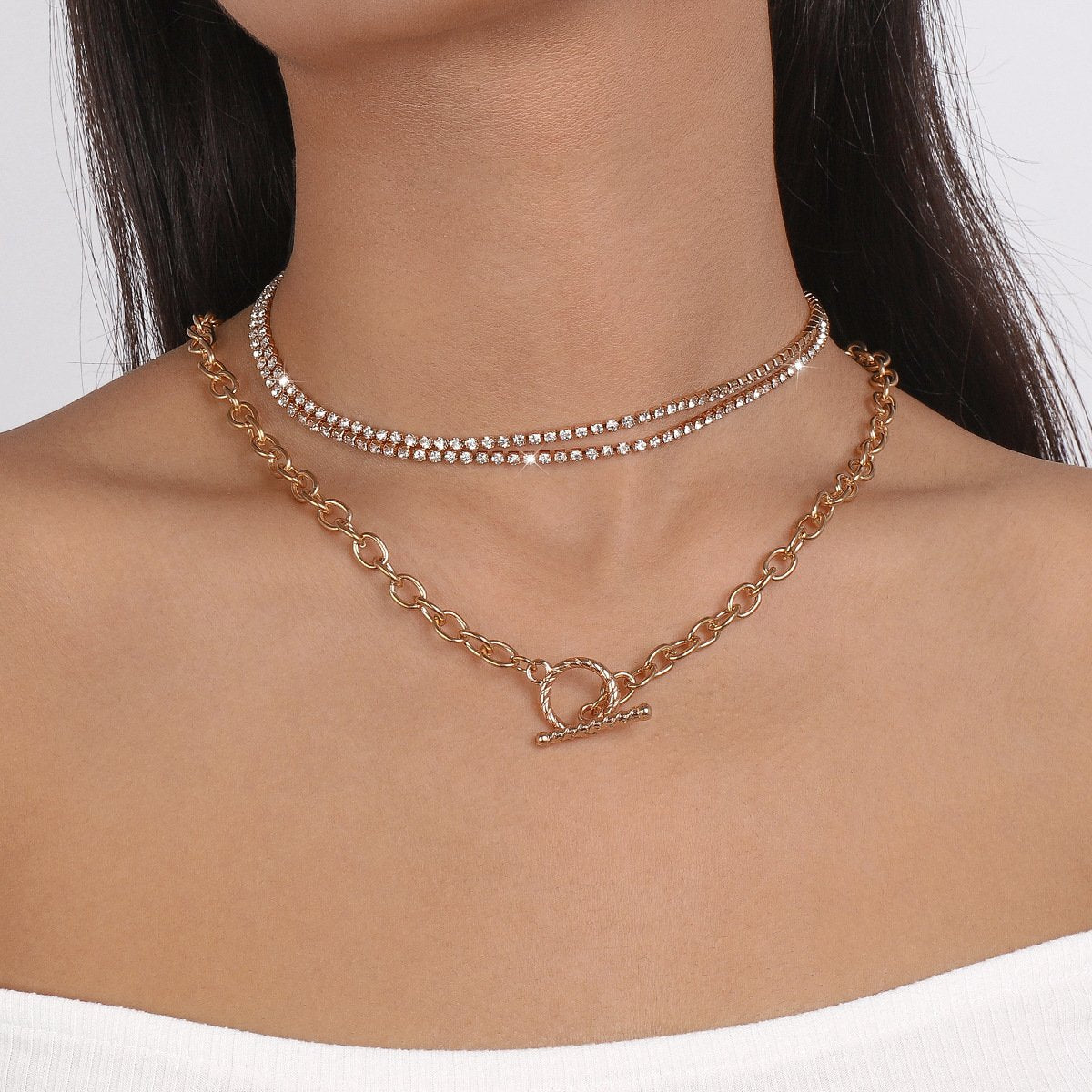 N164 Retro Mix and Match Geometric Clavicle Necklace OT Buckle Rhinestone Temperament Light Luxury Sweet Cool Stacking Necklace