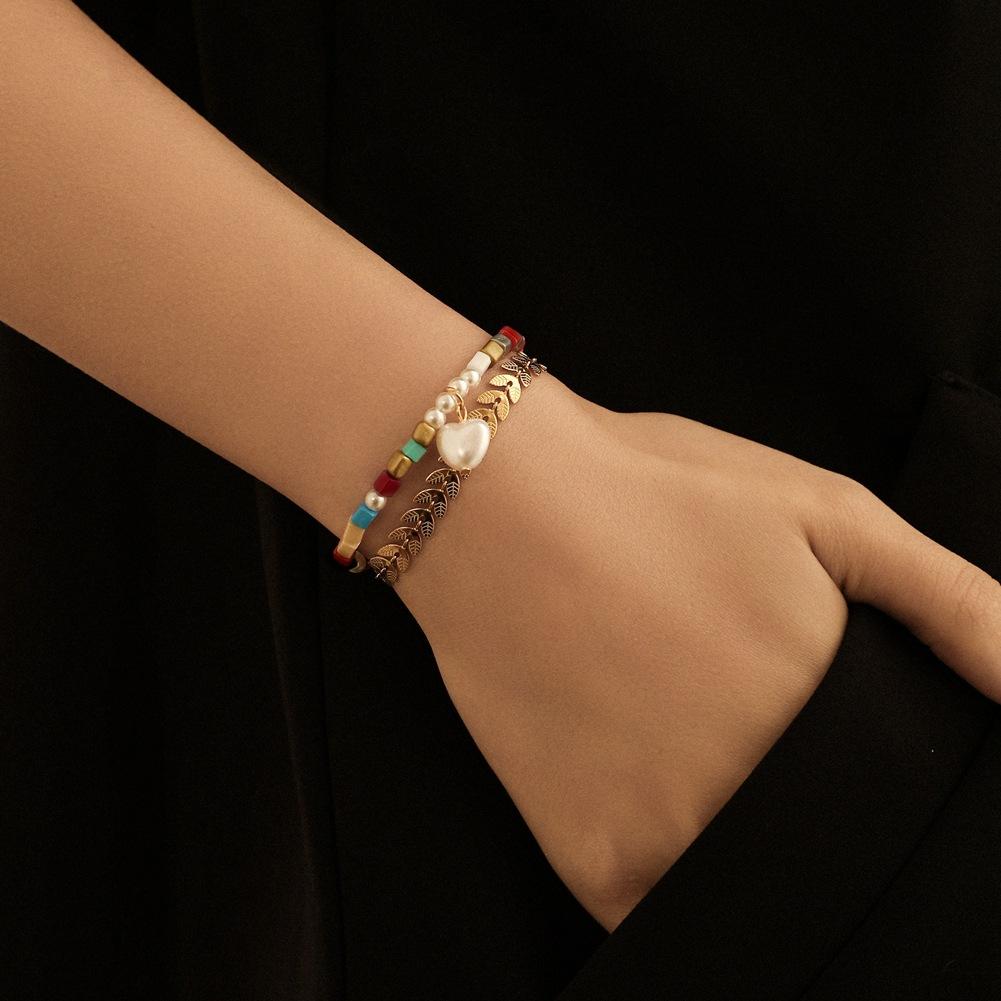 Bohemia Color Rice Bead Bracelet Stainless Steel Wheat Ear Chain Love Pearl Hand Jewelry Female