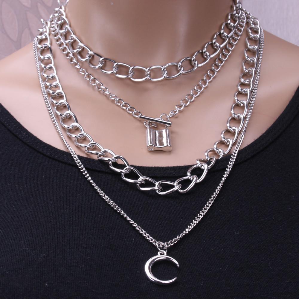 Jewelry Creative Lock Alloy Moon Necklace Fashion Simple Multilayer Chain Necklace Women