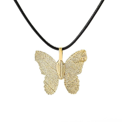 Creative Personality Gold-plated Butterfly Real Leaf Specimen Pendant Earrings Clavicle Necklace Set