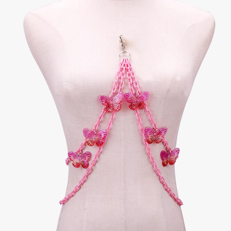 Jewelry Casual Exaggerated Beach Casual Body Clothing Chain AB Colorful Butterfly Pendant Tassel Chest Chain