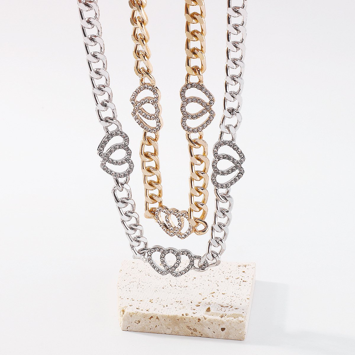 N1427 Double Love Geometric Necklace Micro-inlaid Niche Exaggerated Chain Necklace French Vintage Necklace Female