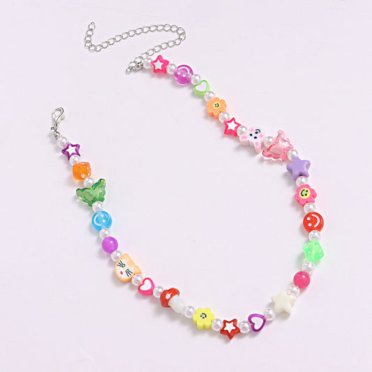 Jewelry flower smiley acrylic five-pointed star necklace female soft pottery animal head pearl necklace