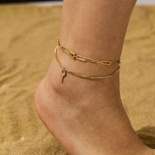 Fashion personality stainless steel gold double-layer key pin lock anklet titanium steel lady's foot accessories niche