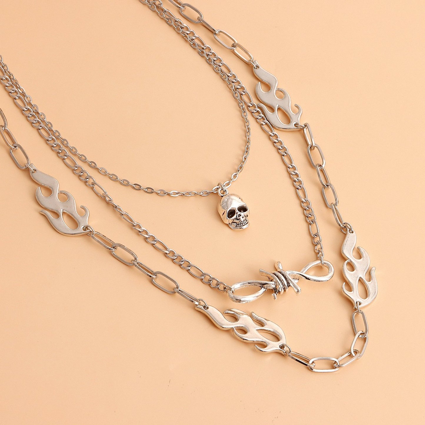 Jewelry punk multi-layer flame shape ins metal necklace female skull clavicle chain necklace