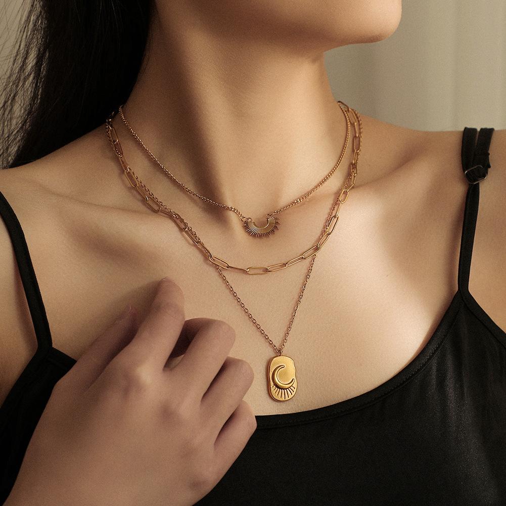 Stainless Steel 18k Gold Retro Frosty Moon Shield Trendy Three Layer Sun Clavicle Necklace Jewelry