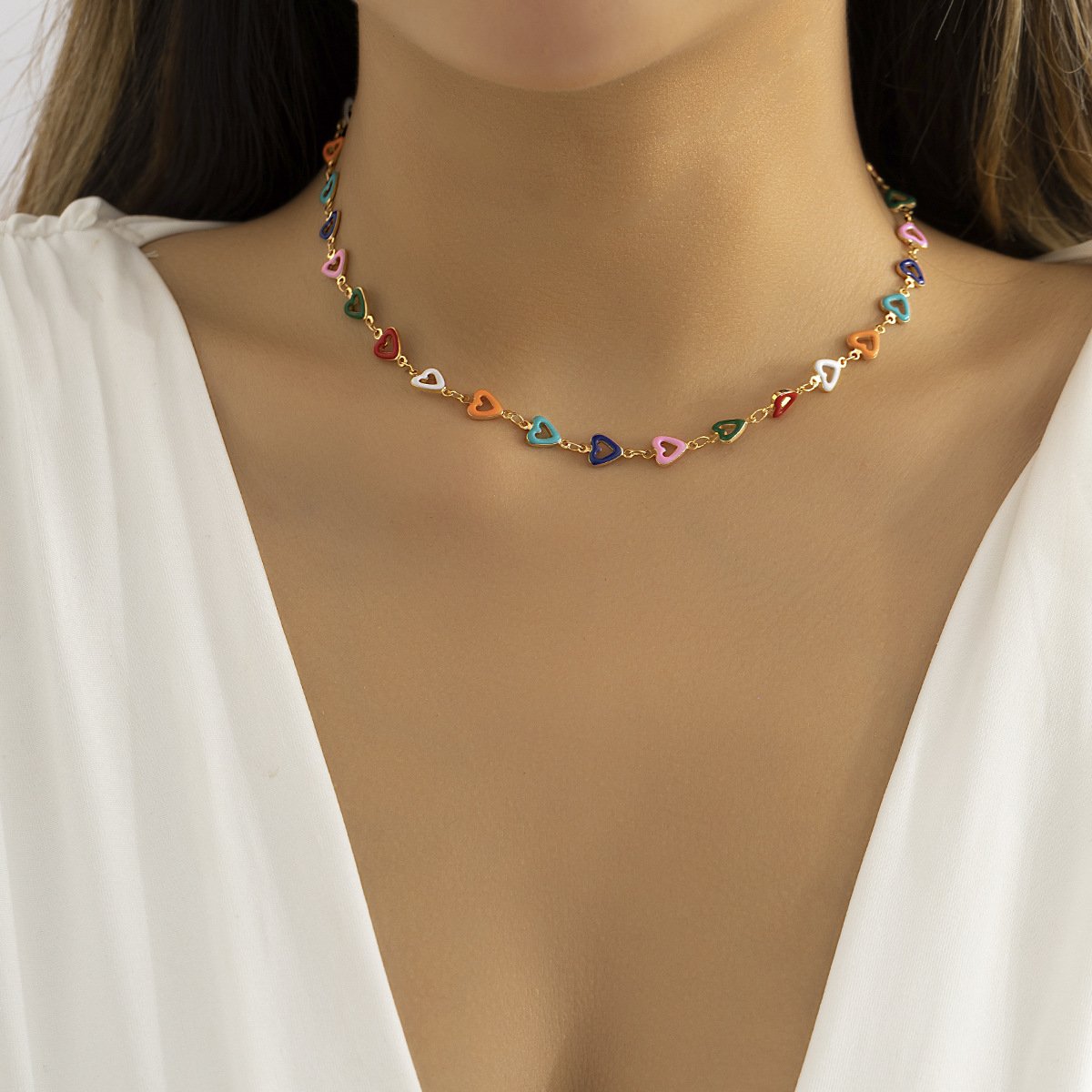Jewelry Sweet Color Drop Nectarine Heart Necklace Female Simple Metal Chain Clavicle Necklace