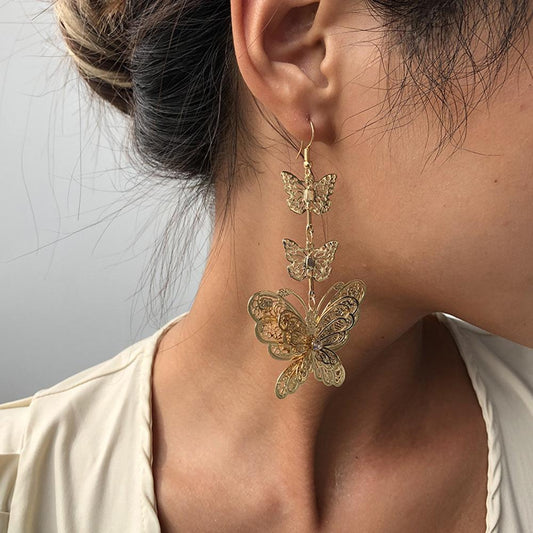 E844 Trendy Personality Earrings Long Butterfly Exaggerated Three Layer Butterfly Plating Earrings Female Earrings