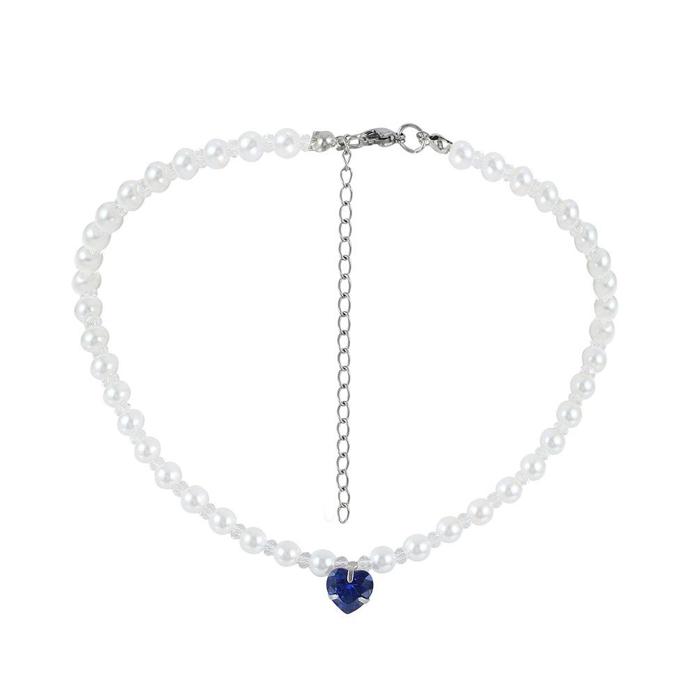 Simple Fashion Blue Love Pearl Crystal Short Clavicle Chain Necklace Versatile Temperament Personality Female Jewelry