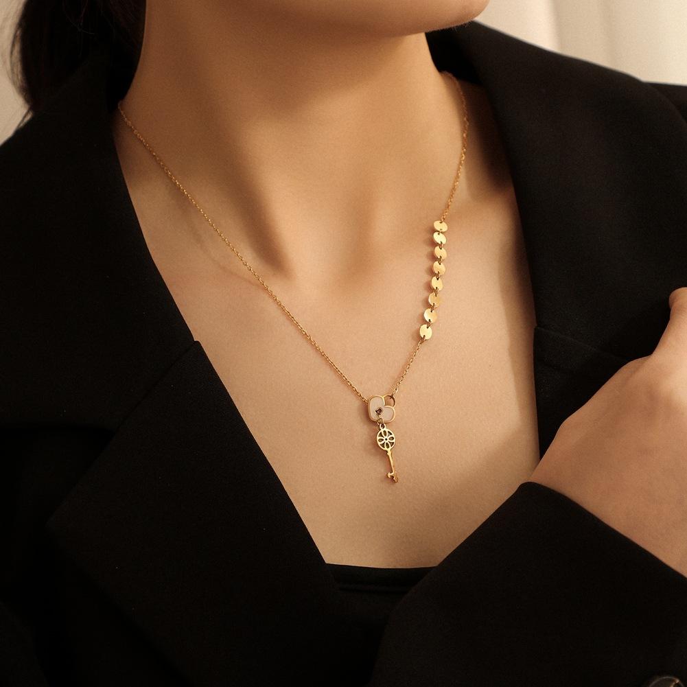 ins creative love lock key pendant titanium steel stitching disc cross chain couple all-match sweater chain