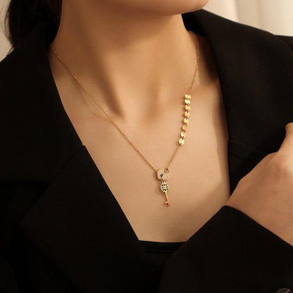 ins creative love lock key pendant titanium steel stitching disc cross chain couple all-match sweater chain