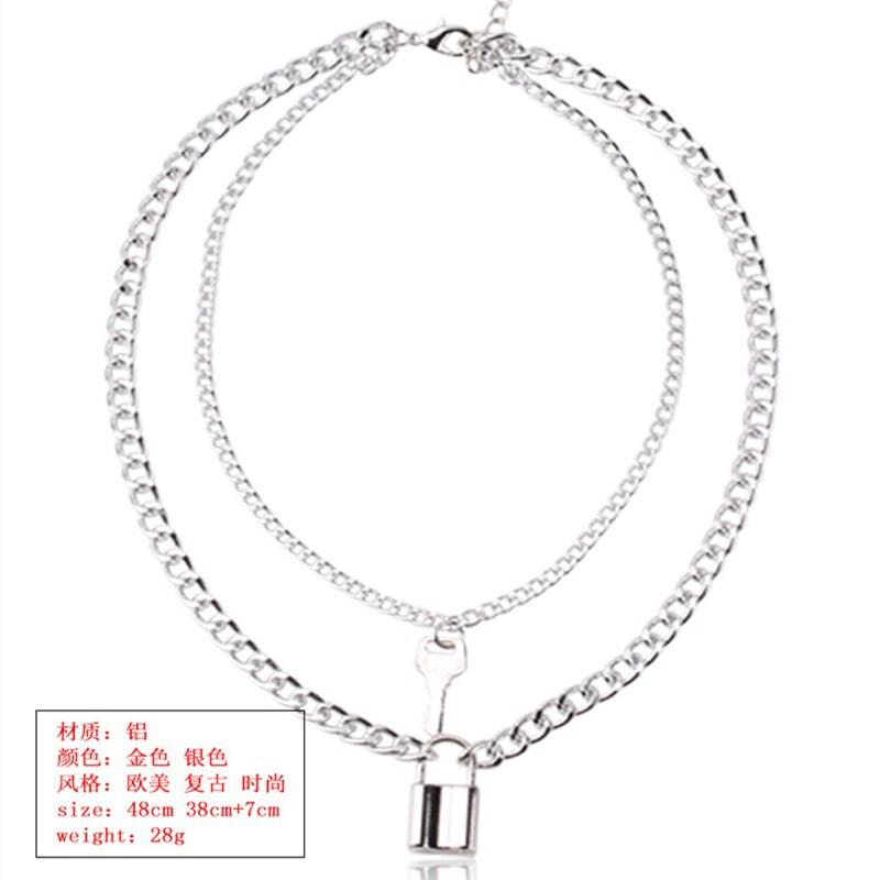 Personality Simple Retro Key Lock Pendant Necklace Punk Jewelry Multilayer Hip Hop Necklace Female