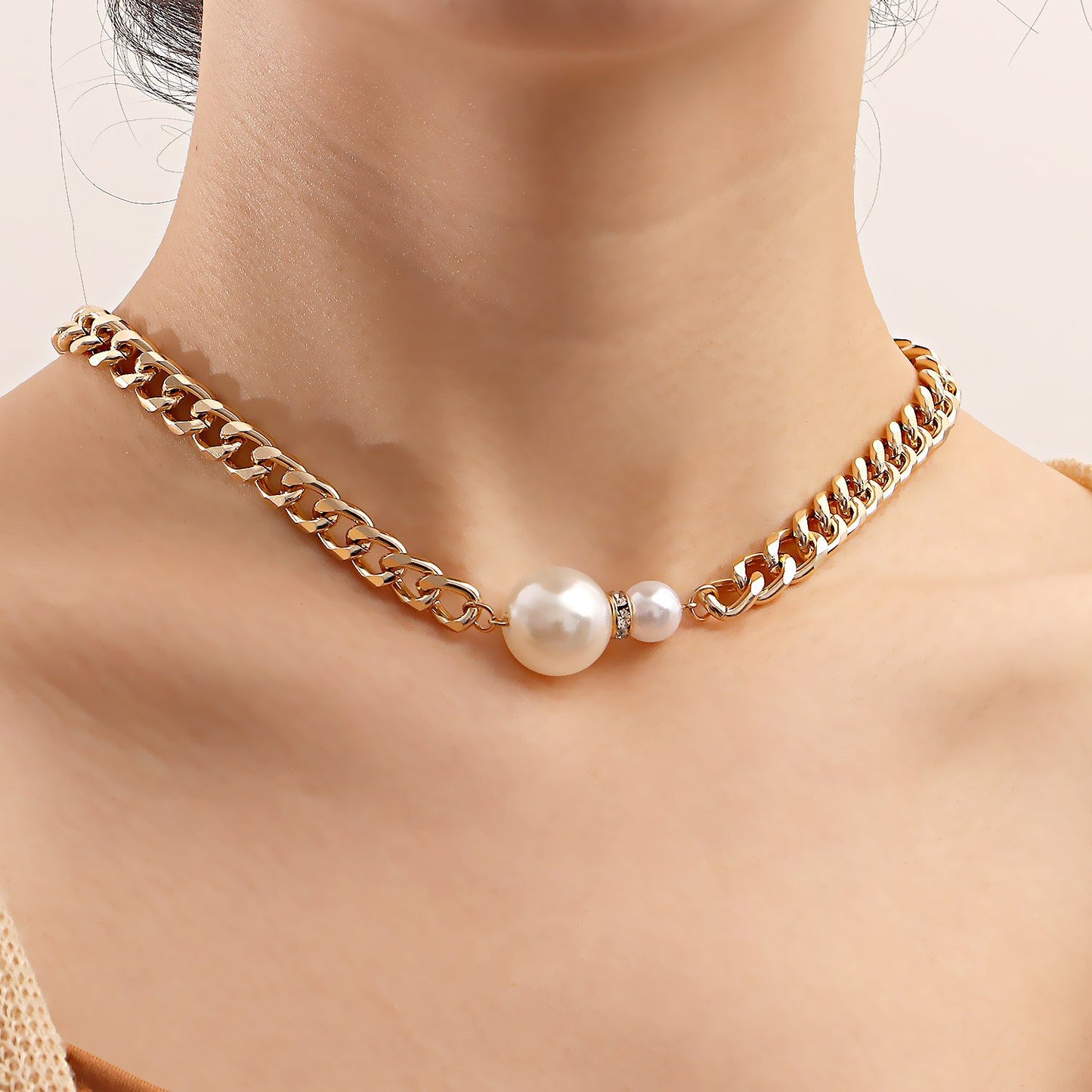 Ins jewelry imitation baroque pearl exaggerated pendant necklace retro street thick chain necklace