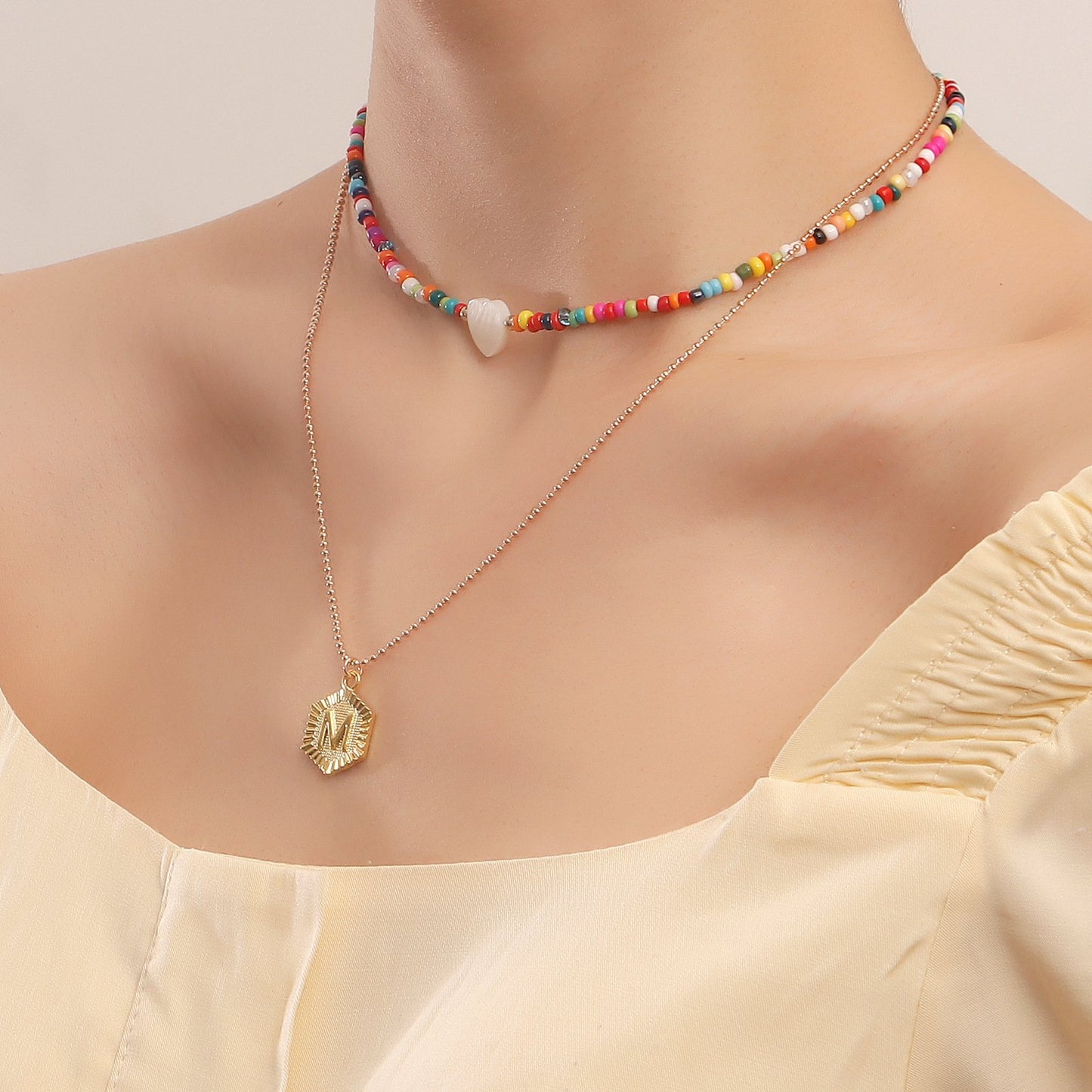 Jewelry Bohemian double mother-of-pearl love letter pendant necklace female color rice bead necklace