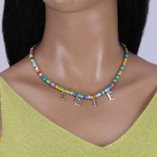 Small Fresh Alphabet Necklace Female Bohemian Handmade Colorful Rice Beads Clavicle Chain