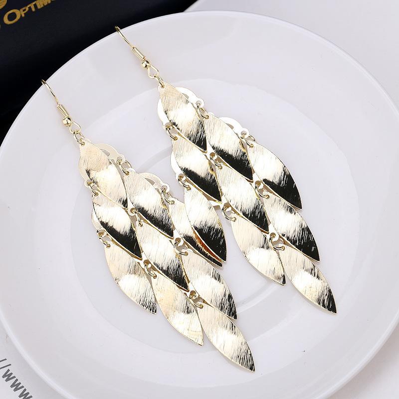 Atmospheric ethnic long string leaf-shaped brushed metal earrings