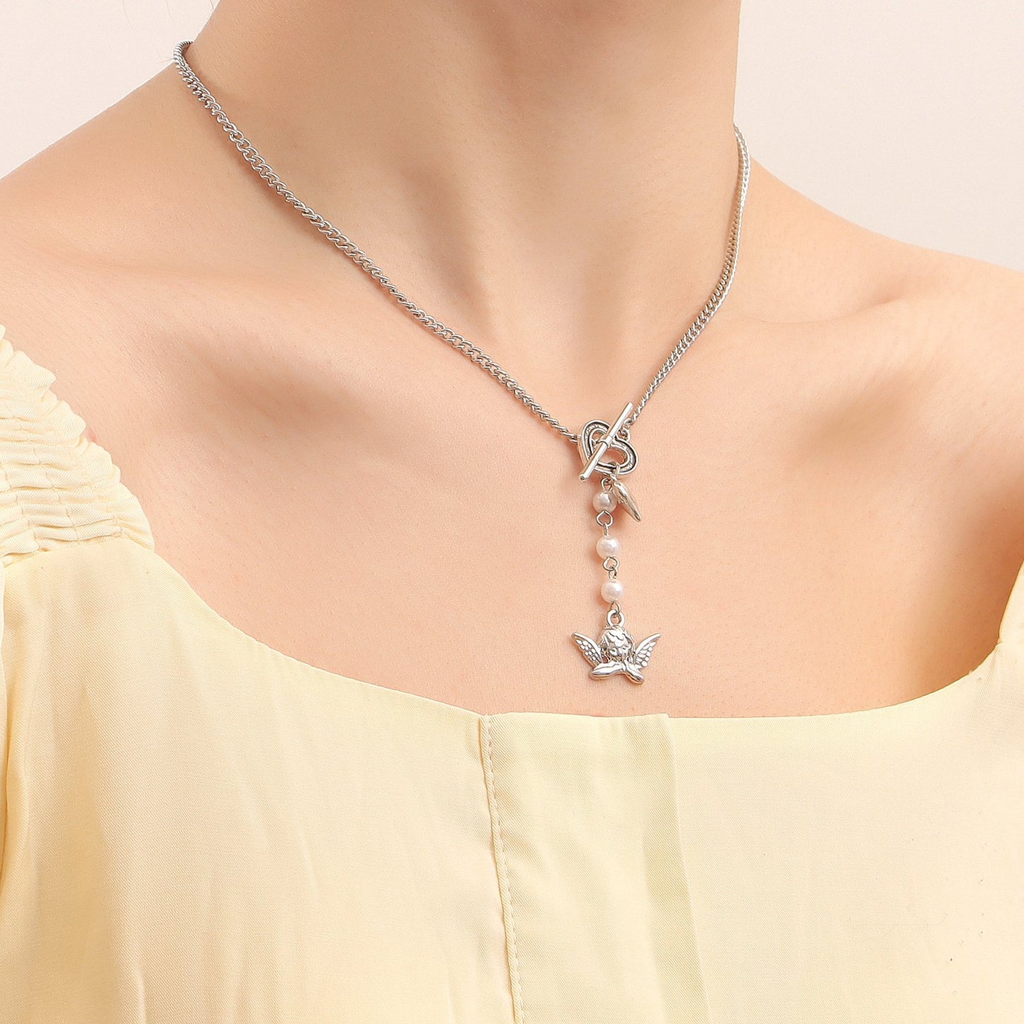 Jewelry Retro Little Angel Geometric Necklace Female Ins Temperament Imitation Pearl Love Tassel Necklace