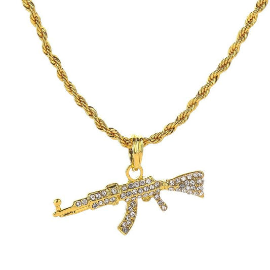 Grid long sweater chain necklace personalized hip-hop AK47 machine gun pendant hip-hop men's accessories