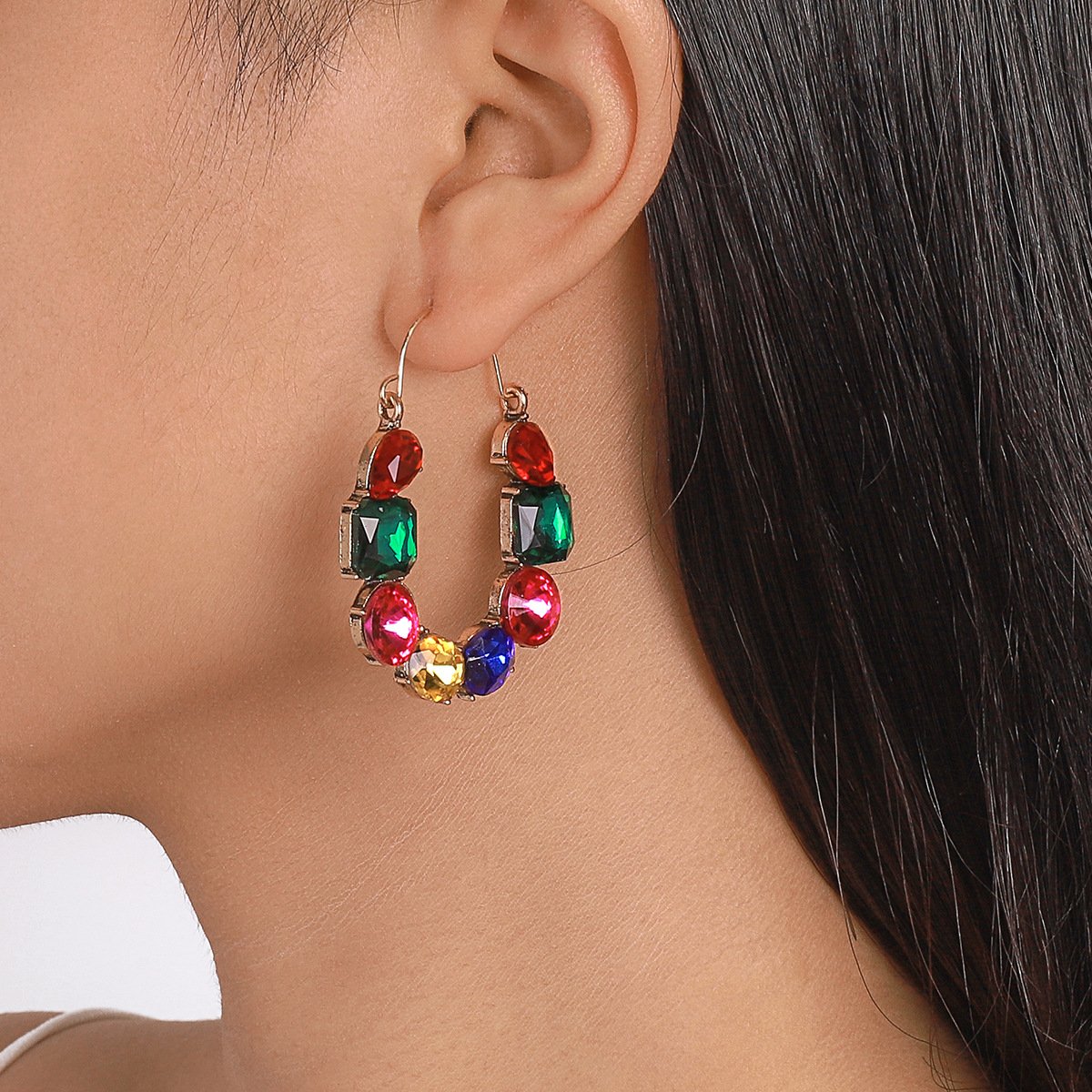 E1719 retro old geometric exaggerated earrings women colored diamond personality irregular rhinestone light luxury earrings