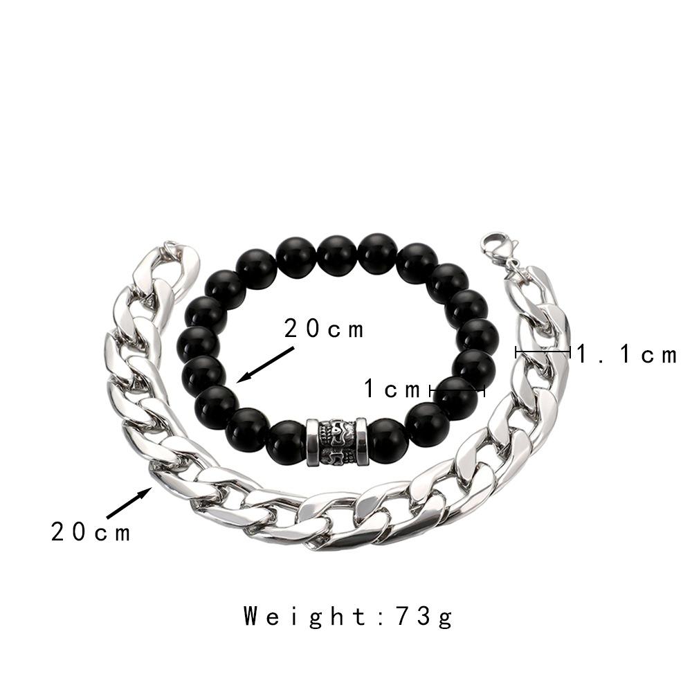 Men's Punk Temperament Street Domineering Personality Fashion Black Beaded Skull Thick Chain Bracelet Set