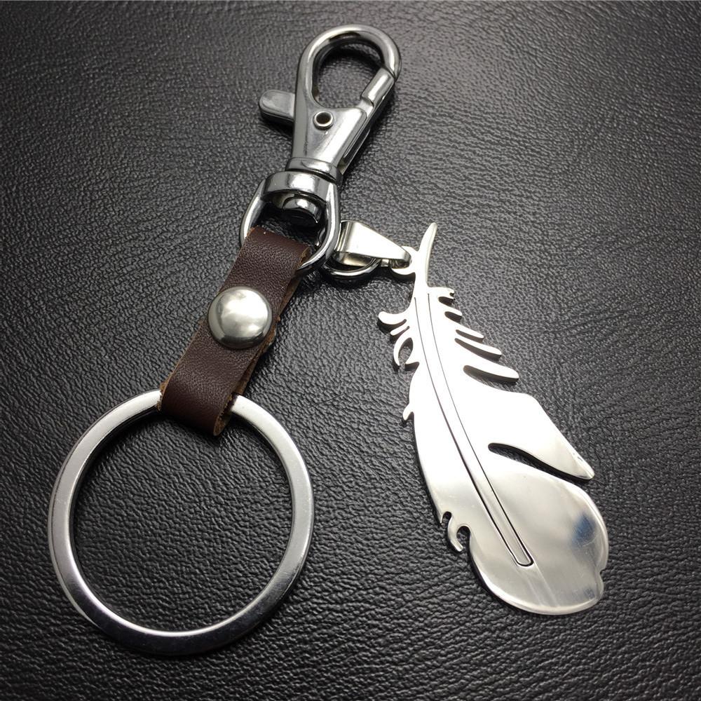 Feather Titanium Steel Pendant Jewelry Accessories Cowhide Keychain Stainless Steel Men's Waist Hanging Ladies Bag Pendant