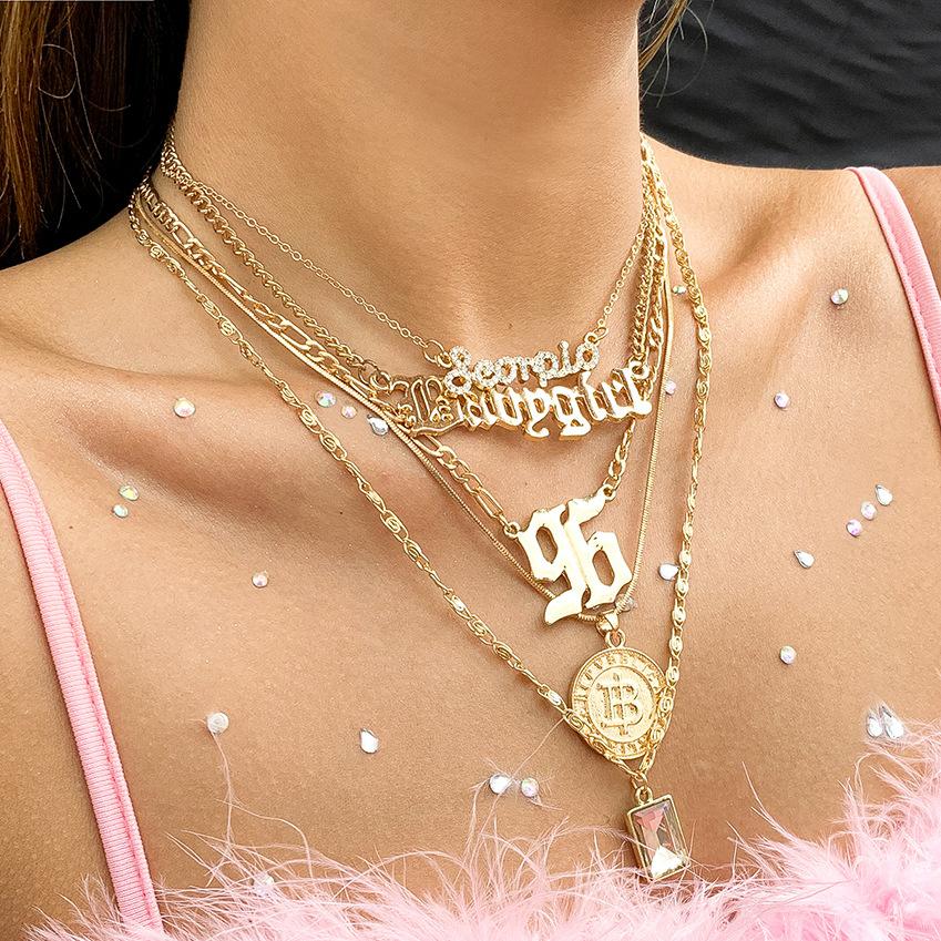 Jewelry retro alphanumeric multi-layer embossed necklace female heavy industry metal gemstone stacking necklace