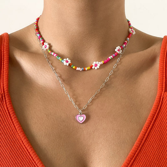 Jewelry Creative Rice Bead Contrasting Color Daisy Heart Necklace Sweet Cool Drop Nectarine Heart Geometric Necklace Female