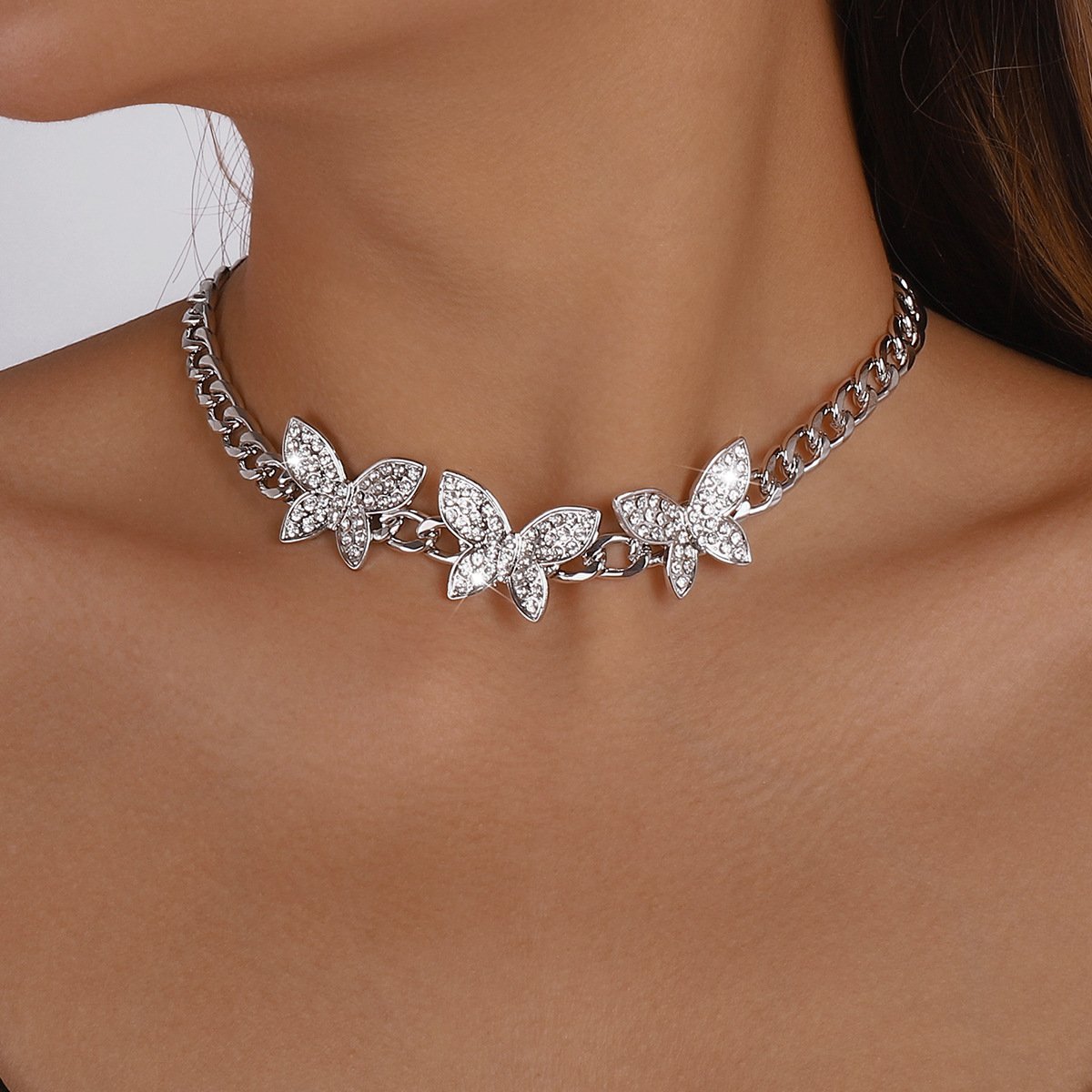 1348 Niche Design Necklace Full Diamond Butterfly Hiphop Hip Hop Necklace Retro Exaggerated Necklace