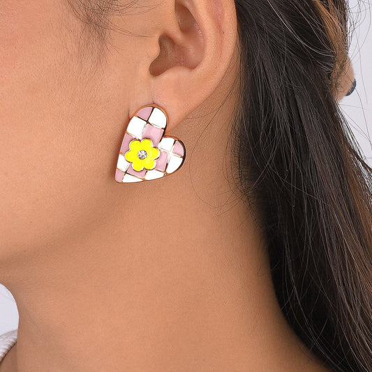 E1386 Sweet Love Flower Geometric Earrings Checkerboard Drip Oil Micro-Inlaid Girl Heart Internet Celebrity Earrings