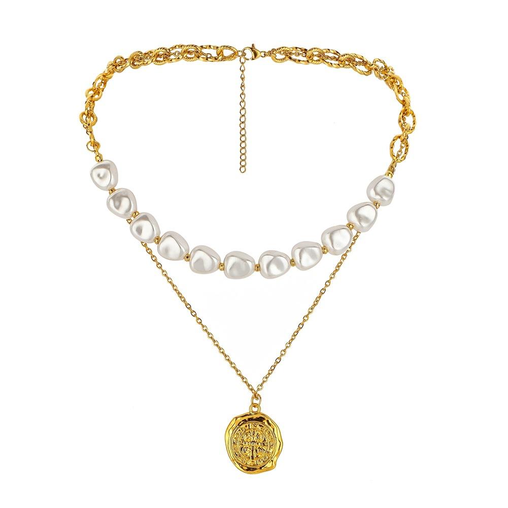 Fashion stainless steel double-layer Roman astrolabe necklace titanium steel pearl collarbone chain cold jewelry for women