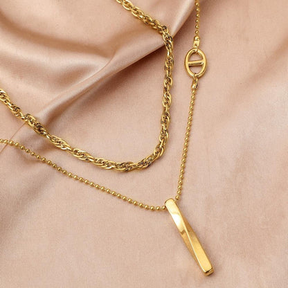 Fashion stainless steel gold double layer water wave chain titanium steel bar pendant necklace clavicle chain women