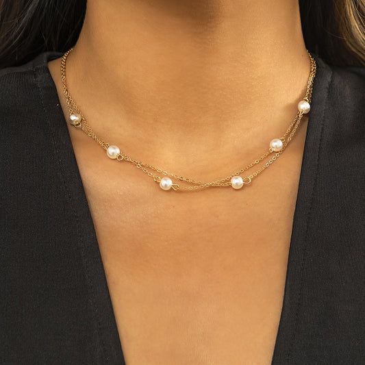 Jewelry simple double-layer imitation pearl chain collarbone necklace all-match metal retro temperament necklace