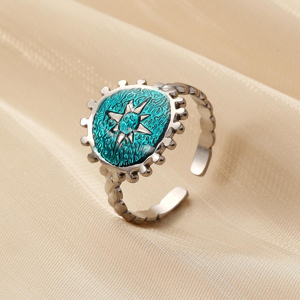 Stylish and minimalist personality niche ladies stainless steel opening sun blue dripping oil ring titanium steel ring