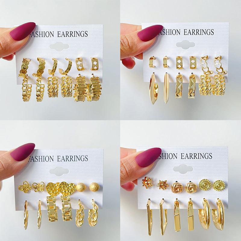 Fashionable Metal Hoop Earrings 6 Pairs Set Exaggerated Retro Geometric Earrings Versatile Earrings
