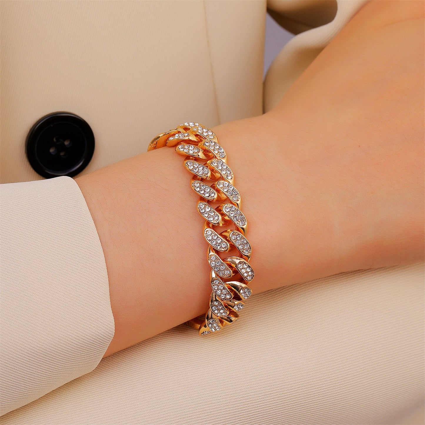 Diamond-studded Cuban bracelet ins punk thick chain bracelet hiphop bouncy jewelry unisex