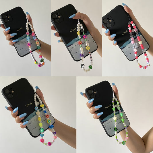 Trendy Mushroom Imitation Pearl Tassel Phone Chain Fashion Street Shot Contrasting Color Smiley Alphabet Bracelet Ornament