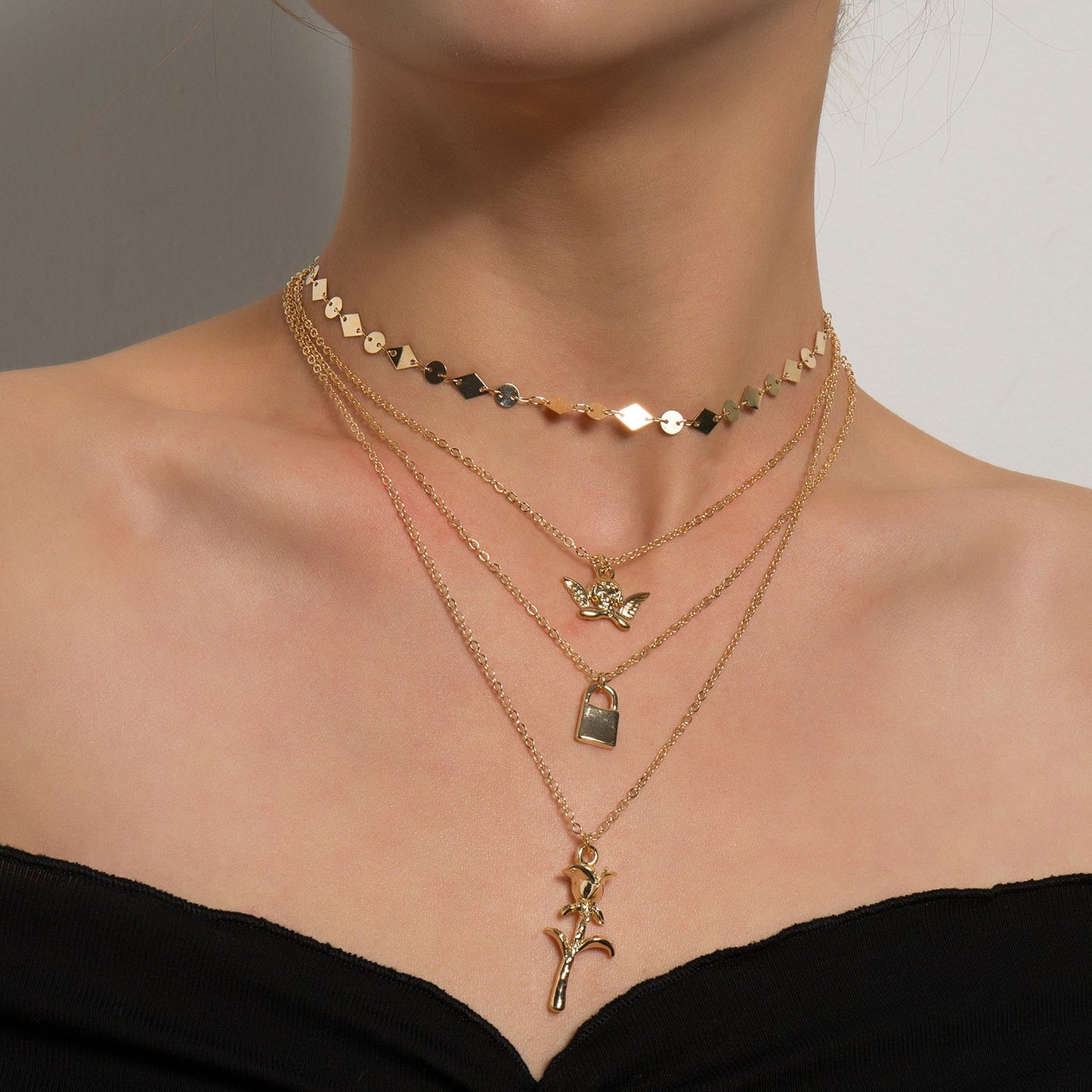 Jewelry Simple Harajuku Multi-layer Angel Lock Rose Pendant Fashion Personality Small Circle Necklace