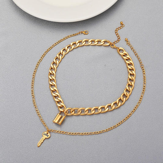 Double thick chain necklace retro punk lock key clavicle chain multi-layered geometric sweater chain