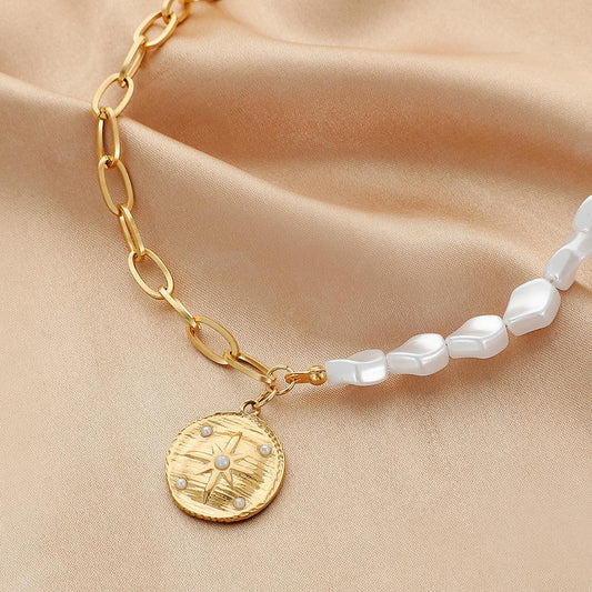Simple stainless steel gold short round sun coin pendant ins titanium steel pearl necklace female