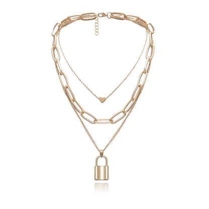Jewelry Retro Chain Peach Heart Lock Pendant Necklace Women's Creative Geometric Multilayer Lock Necklace