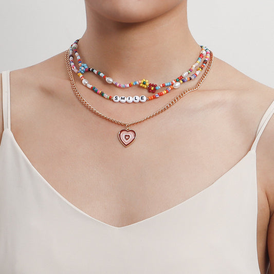 Jewelry Bohemian multi-layer color rice bead letters dripping oil painted love necklace female choker