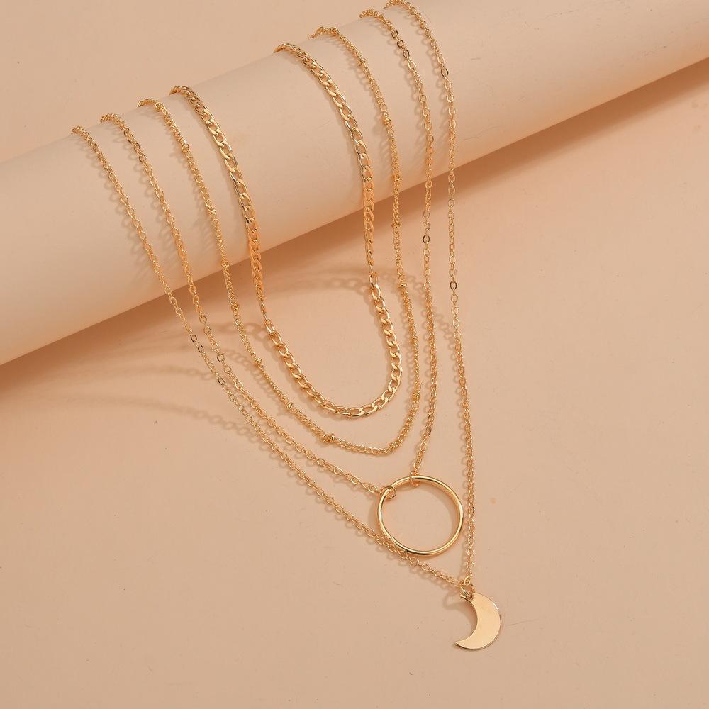 Fashion Circle Moon Pendant Necklace Retro Fashion Multilayer Thin Chain Necklace Accessories