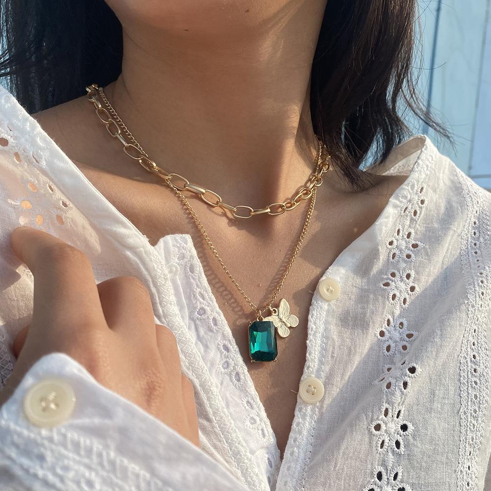 N9858 Net Red Small Fresh Necklace Contrasting Color Rhinestone Butterfly Element Necklace Street Shot Daily Simple Necklace