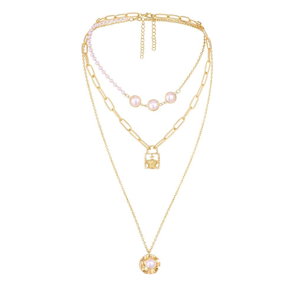 Trendy metal pearl splicing temperament three-layer clavicle chain creative design oil lamp shell double pendant necklace