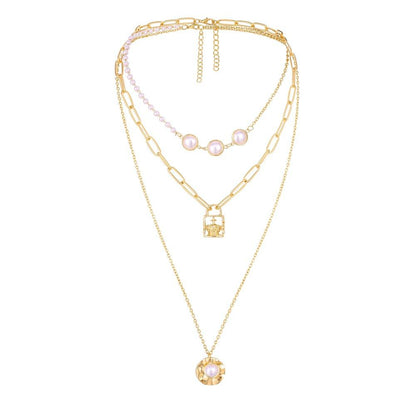 Trendy metal pearl splicing temperament three-layer clavicle chain creative design oil lamp shell double pendant necklace