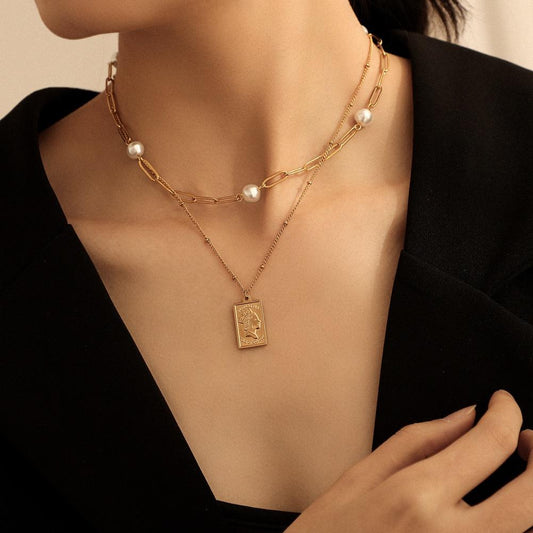 Stainless Steel Double Layer Necklace Temperament Simple Square Brand Pearl Clavicle Chain Personality Light Luxury Accessories