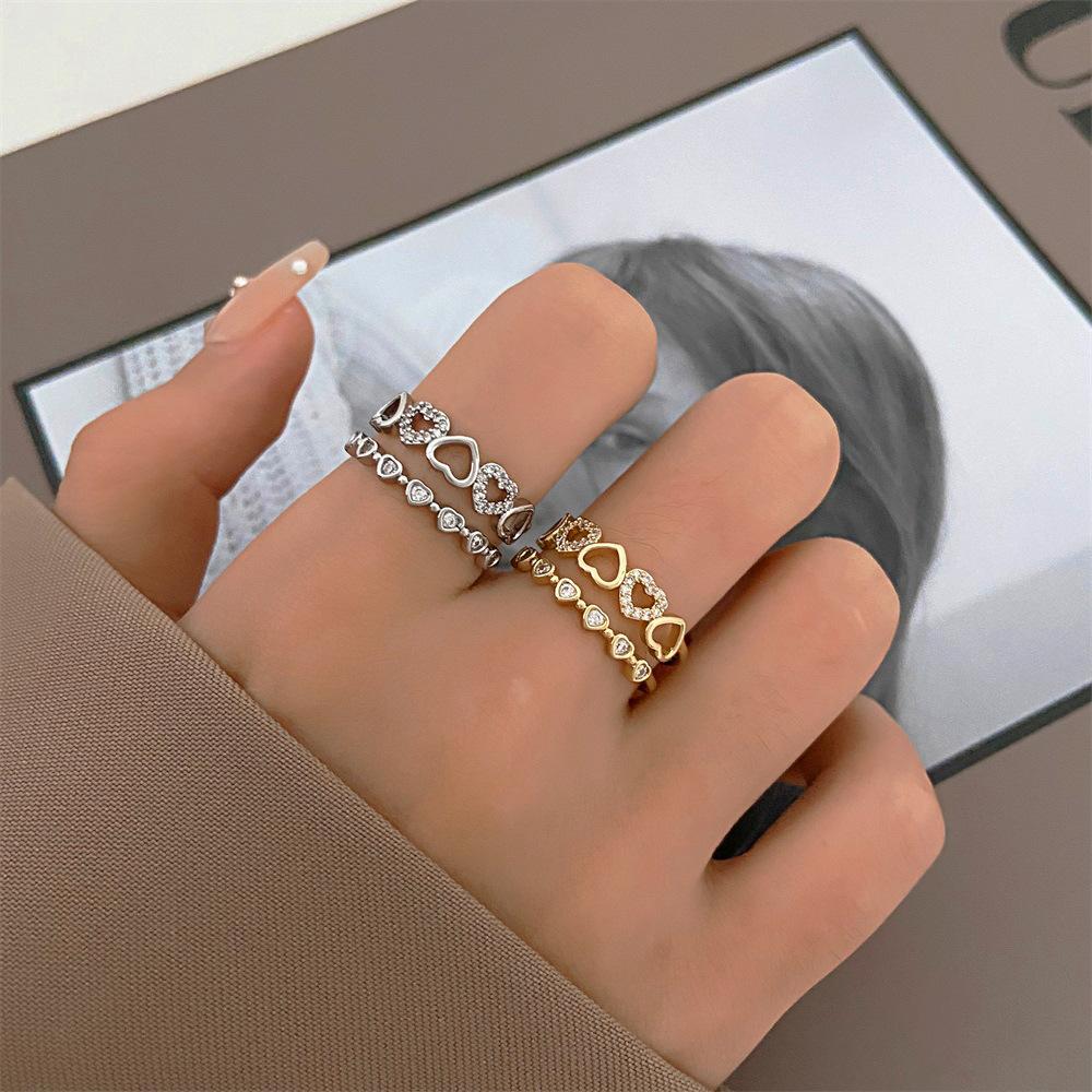 ins double love ring women's fashion light luxury diamond hollow heart-shaped opening index finger ring personality ring