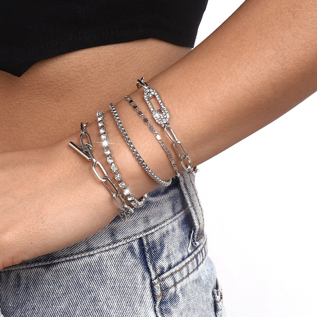 B1841 geometric rhinestone metal closed set pin stick claw chain personality multi-layer bracelet bracelet