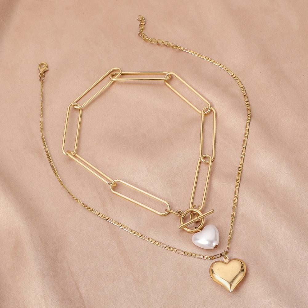 Trendy Double Love Pearl Necklace Simple Temperament Cold Peach Heart Pendant Necklace Clavicle Chain