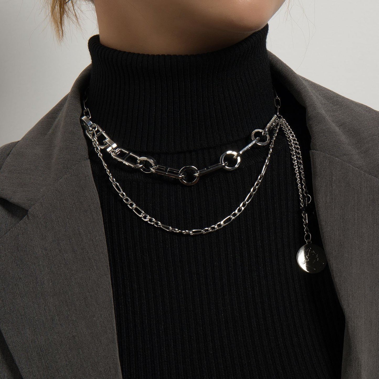 Jewelry fashion trend hip-hop ins multi-layered wearing round card pendant personalized splicing necklace